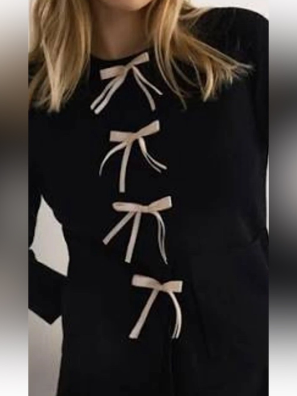 Zara Black Cardigan Sweater with Cream Ribbon Bows Sz M